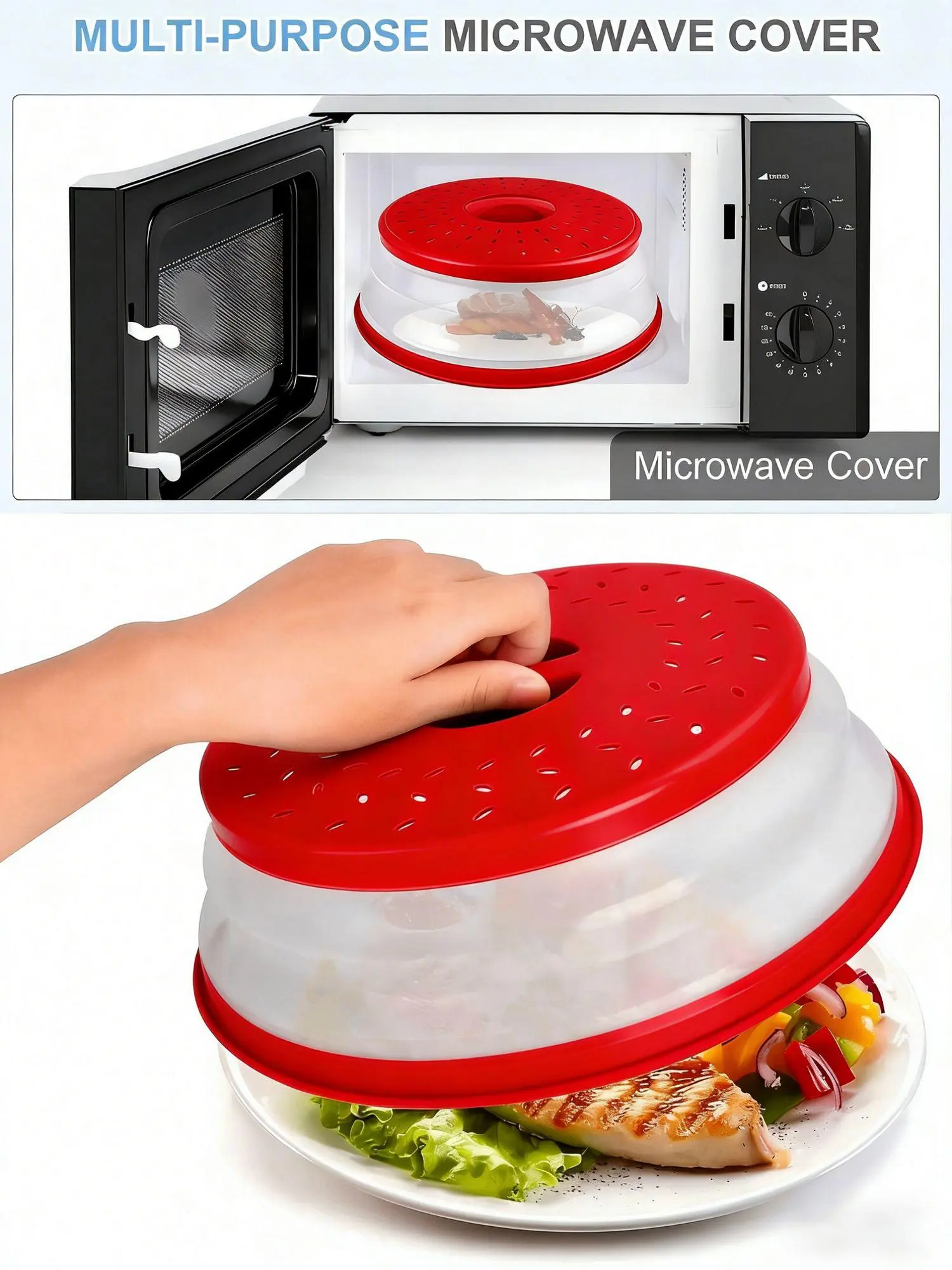 Upgrade Collapsible Microwave Lid, 10.5 in Vented Folding Plate Cover with Grey Silicone Handle, BPA-Free Plastic PP Material with Holes, BPA-Free Multifunctional Kitchen Utensil for Easy Heating and Produce Cleaning