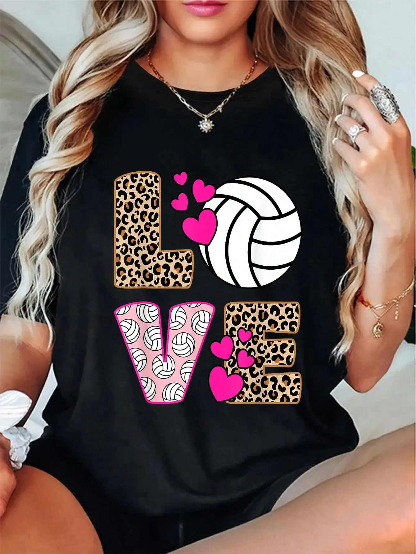 100% Cotton Cute Love Volleyball Leopard Print Women Ladies Volleyball T-Shirt