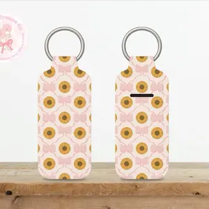 Pink Bow Sunflower Lip Balm Holder with Keychain Ring for Easy Carry and Stylish Accessory