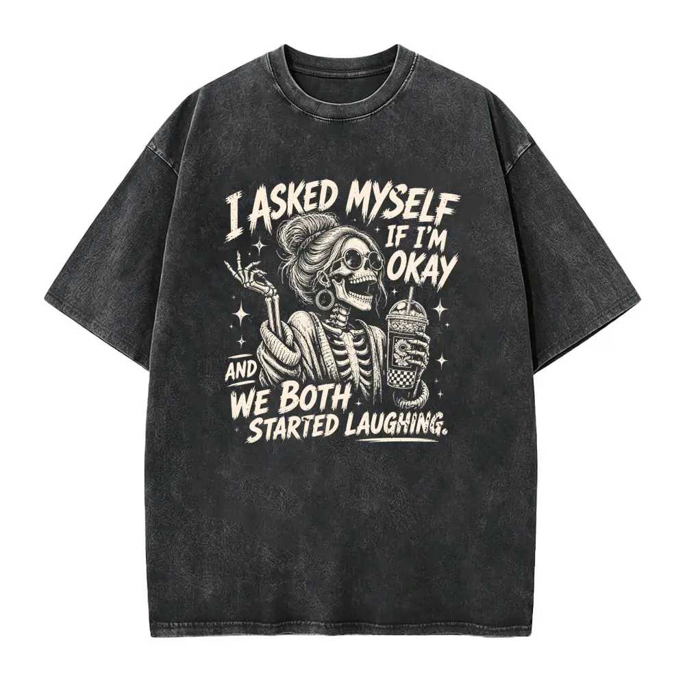 Men's Graphic T-Shirt, Sarcastic 'I Asked Myself If I'm Okay' Skeleton Tee, Casual Loose Fit Cotton Tops with a Ribbed Collar and Seamless Shortsleeve Design, Knit, Smooth, Elastic, Fabric, Funny Shirts, Baggy, Round Neck