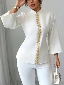 Elegant Chic Slim-Fit Flounce Flared Long Sleeve Belted Top Blouse Shirts for Women, Woven Fabric, Spring & Fall Fashion, Plain Pattern, Moderate Thickness