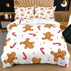 Christmas gingerbread man print pattern, soft and durable bed quilt cover set, including 1 quilt cover and 1 or 2 pillowcases, without a core or pillowcore, suitable as daily gifts for birthdays and holidays Bedding Sets