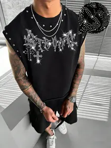 Men's Street Style Streetwear Sleeveless Tank Top Short with Rhinestone Cross, Stud and Graphic Design, Ideal for Gym, Fitness and Casual Daily Wear, Trendy and Comfortable