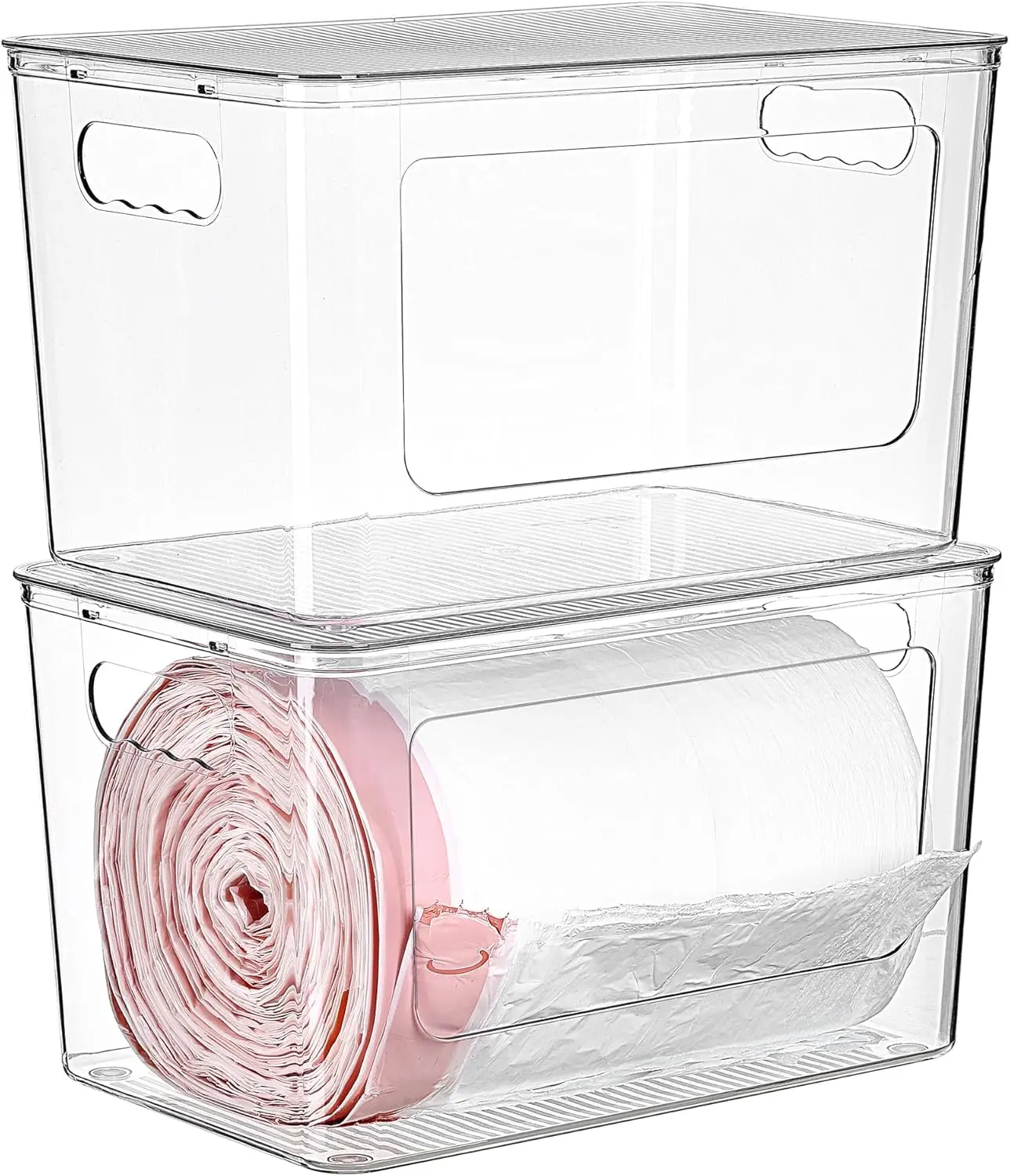 2-Pack Clear Trash Bag Holder, Stackable Garbage Bag Dispenser Organizer for 13/30/33 Gallon Bags, Under Sink, Kitchen & Laundry Storage