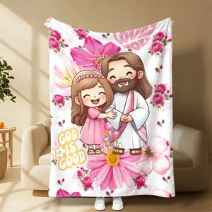 God Is Good God Loves You Cartoon Jesus Hug Girl Pink Floral Graphic Print Flannel Throw Blanket Inspirational Christian Religious Soft Plush Fleece Blanket Faith Home Decor Gift For Believers Birthday Holiday Sofa Bedroom Present