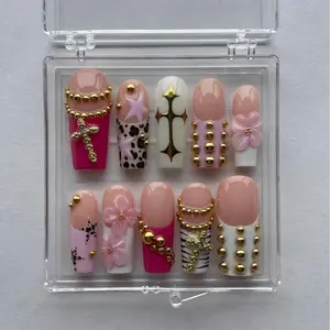 Luxury Pink Press On Nails, Gold Cross 3D Charm Nails, Glam Handmade Nail Set