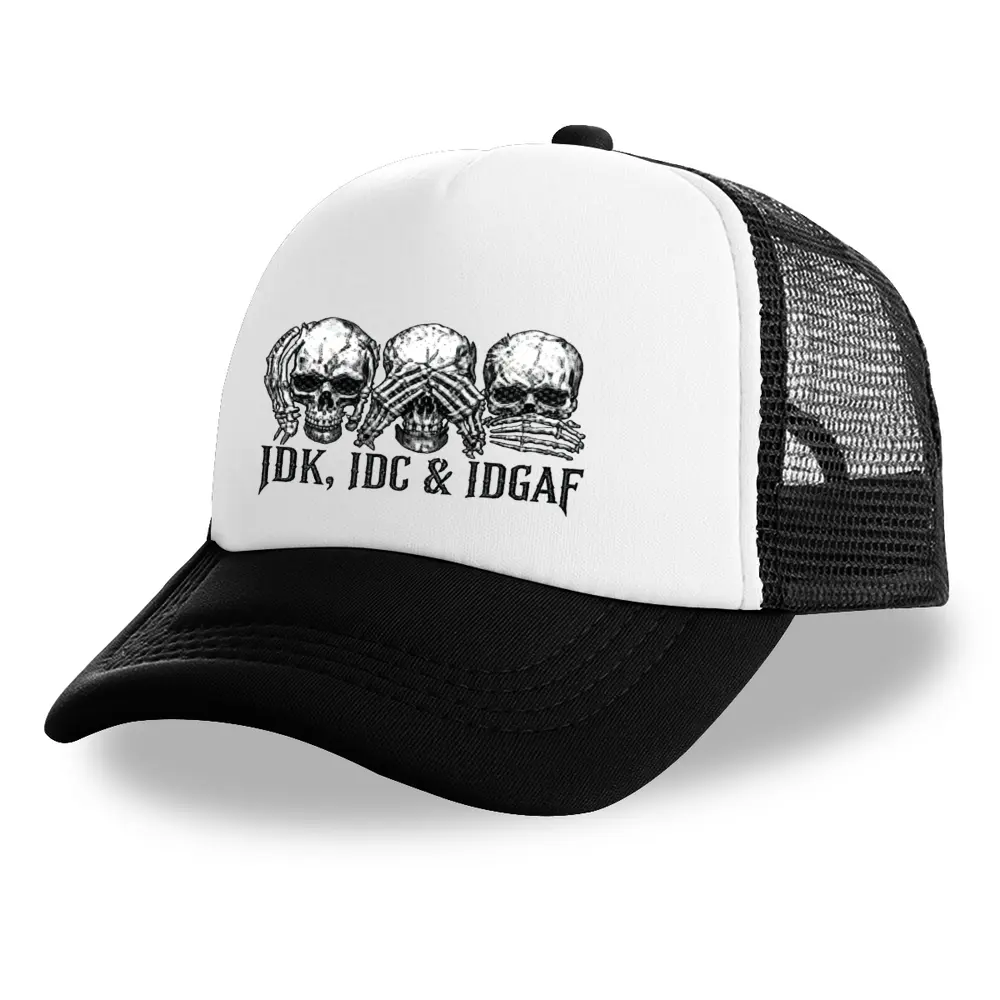 IDK IDC IDGAF Three Skulls See No Hear No Speak No Evil Trucker Hat, Graphic Breathable Mesh Snapback Cap, Adjustable Curved Brim Funny Sarcastic Streetwear Baseball Hat For Men Women, Lightweight Summer Outdoor Mesh Trucker Cap Ideal For Driving