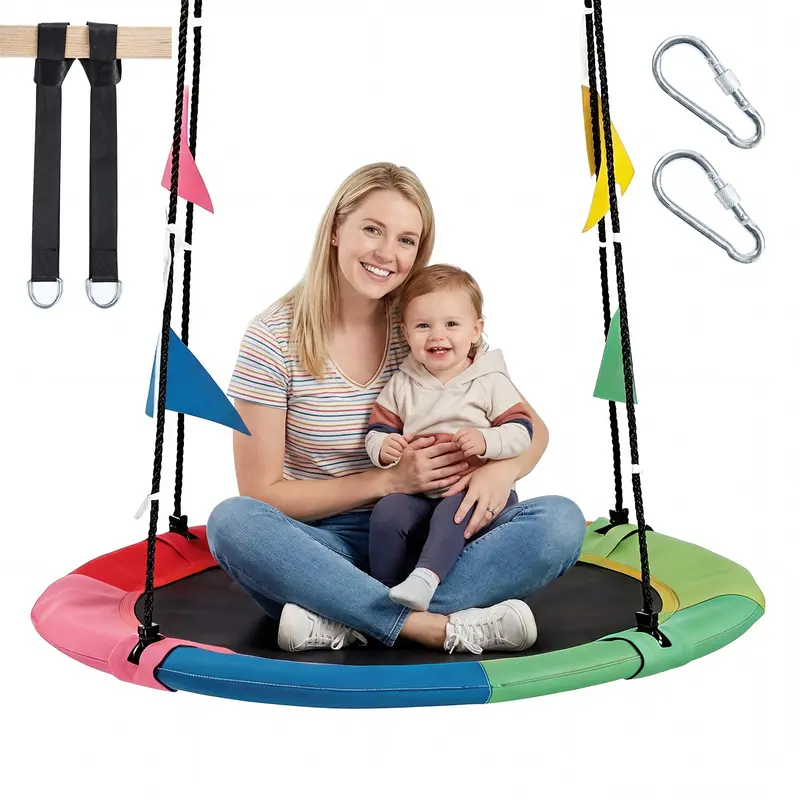 Sweetcrispy 40-in Diameter Unisex Saucer Swing for Kids, Heavy-Duty Playground Equipment with 440 lb Capacity, 600D Oxford Fabric, Adjustable Ropes, Carabiners, Tree Straps, Durable Design, Backyard Cooperative Play Gift