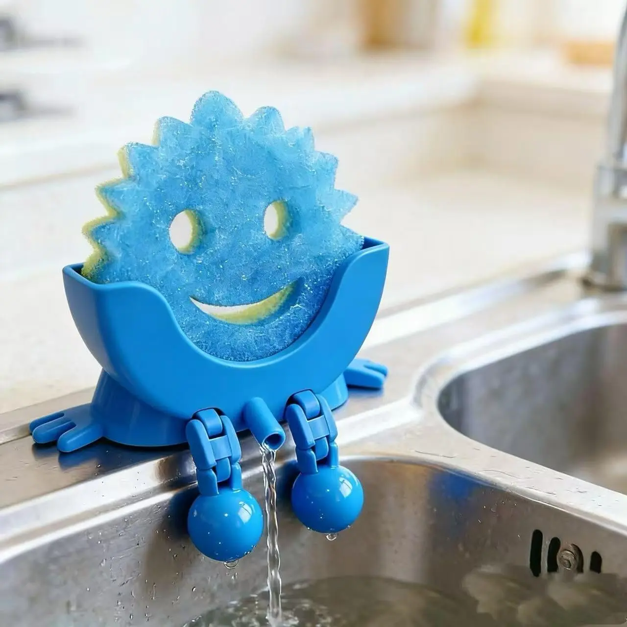 Cute Hanging Sponge Holder with Drainage – Funny 3D Printed Sponge Stand for Kitchen Sink, Keeps Sponge Dry & Smiling, Blue (No Sponge)