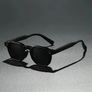 Vintage Square Frame Sunglasses，Rimless Inspired Stylish Eyewear，Black Acetate Frame with Rivet Detailed Temples，Dark Tinted Lenses Fashion Glasses for Daily Wear，Street Style and Outdoor Daily Matching