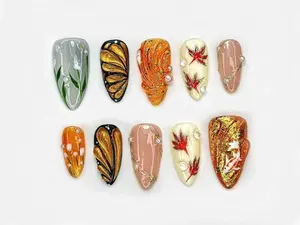 Autumn Maple Leaf Press On Nails | Fall Gold Glitter Nail Art | Orange & Cream Cozy Nails | Elegant Pearl Accent Nails