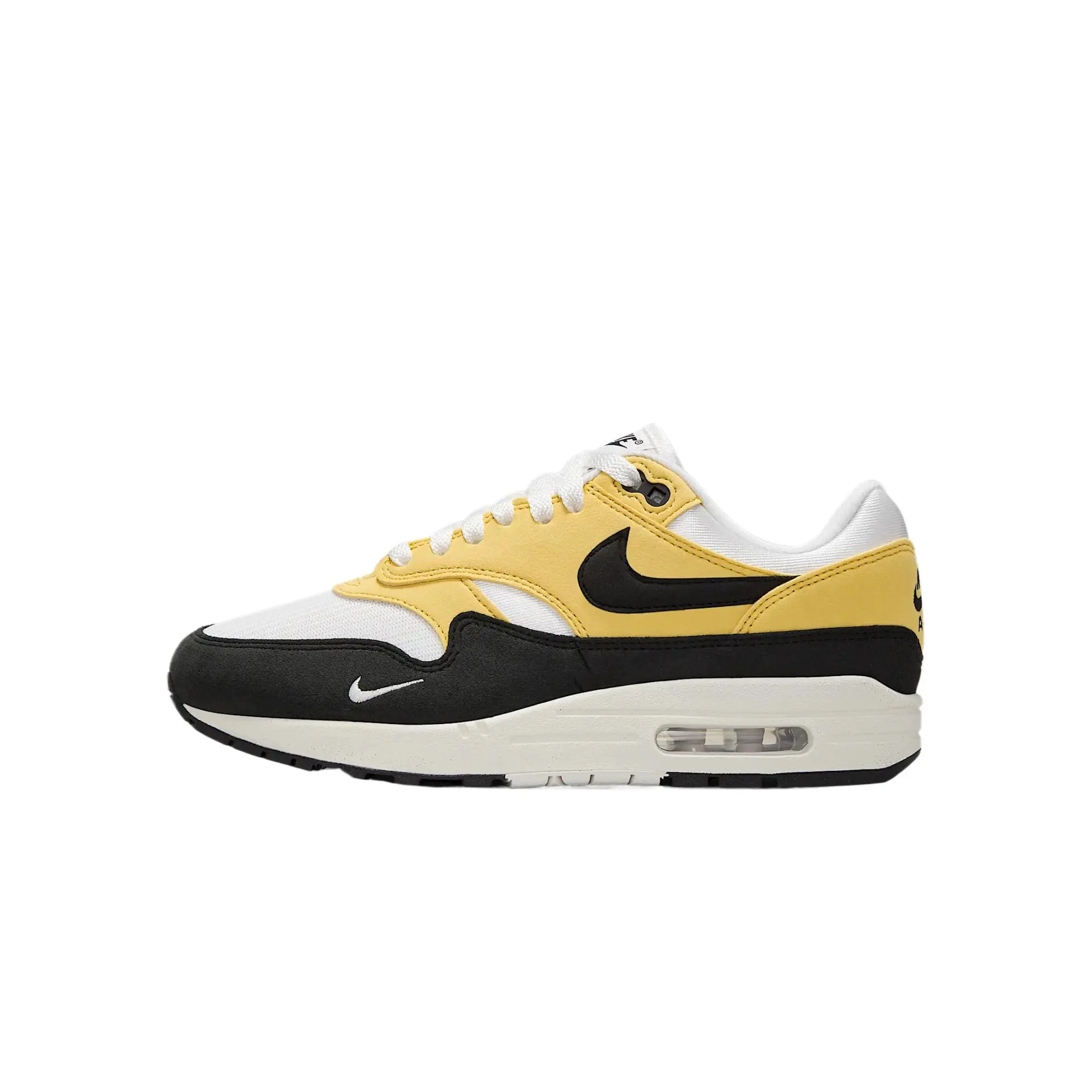 NIKE Women's Air Max 1 '87 Retro Sneakers, Breathable Textile Sports Shoes, Casual Athletic Footwear in Saturn Gold & Black, Sneaker, Women's Sneakers