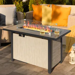 43 Inch Fire Pit with Wind Guard, 50,000 BTU Outdoor Propane Fire Pit Table, Outdoor Metal Propane Fire Pit with Lid and Glass Beads for Outdoor, Patio, Garden, Yard, Camping, Pool, Light Brown