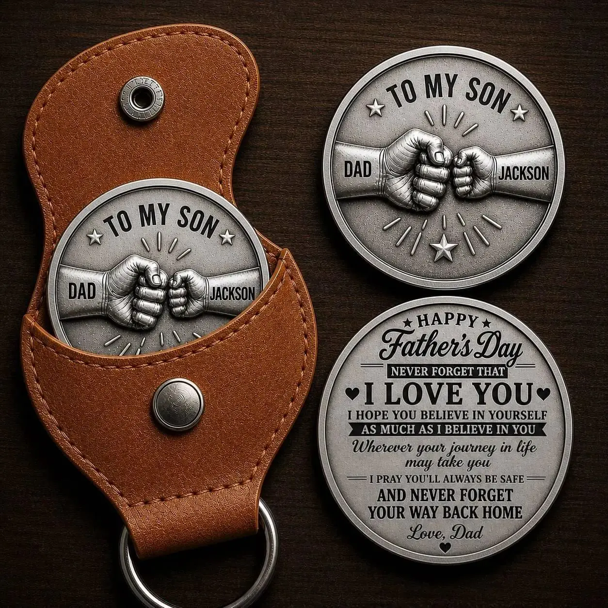 Personalized Pocket Hug Coin for Son from Dad, Custom Name Engraved Coin, Fathers Day Gift From Dad, Keepsake Keychain