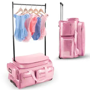 Dance Bag with Garment Rack, Pink 28" Glitter Dance Competition Must Haves Recital Dance Bag with Rack, Costumes Rolling Garment Bags For Travel Collapsible Suitcase for Dancers Performers Smart Luggage