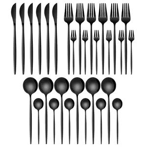 10-piece, 30-piece stainless steel black cutlery set, restaurant western steak knife, kitchen cutlery set, fork spoon cutlery set, durable, portable, mirror polished, dishwasher safe, perfect for home kitchens, social gatherings and Christmas parties