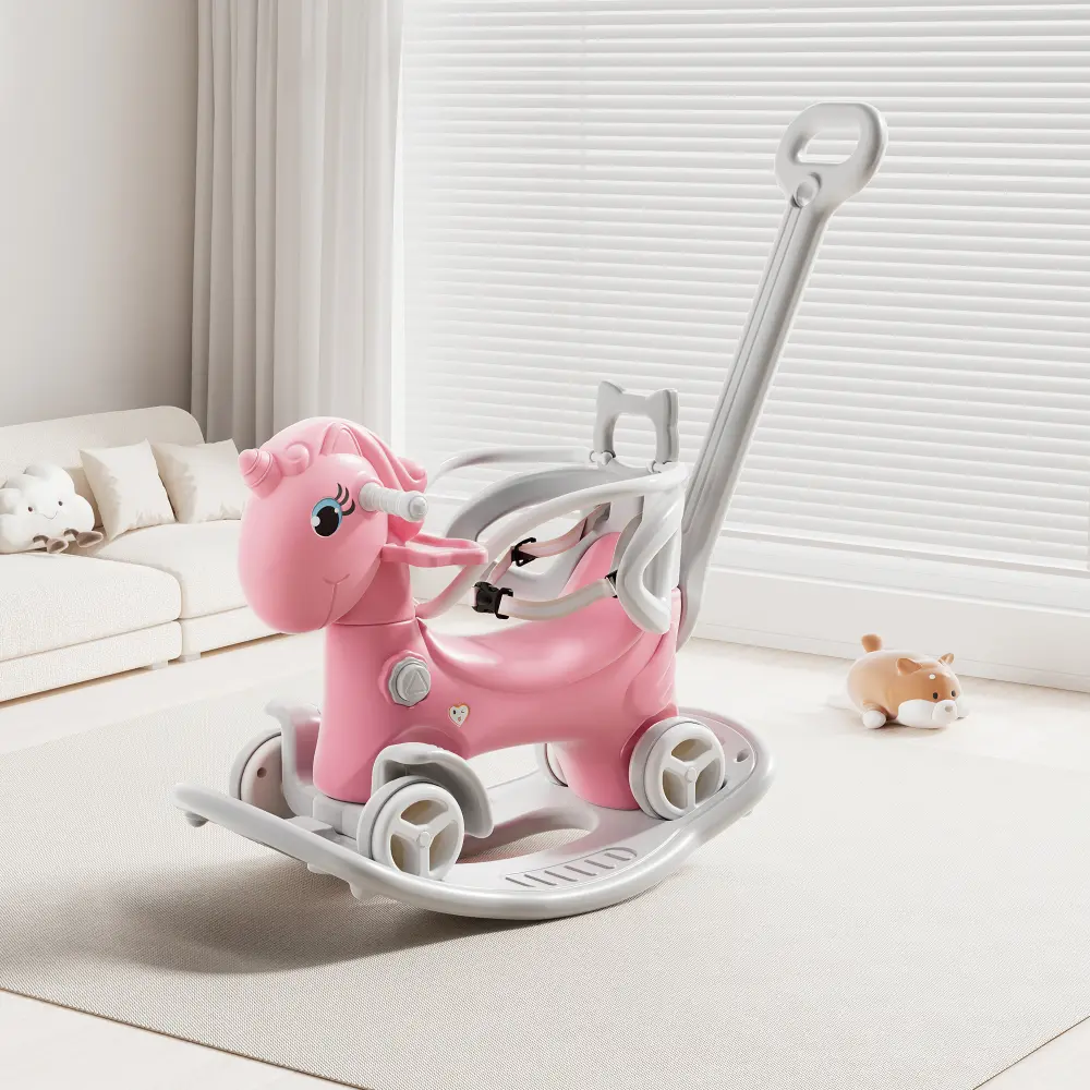 3-in-1 Rocking Horse for Toddlers 1-3, Convertible Pink Unicorn Ride on Toy with Removable Push Handle and Safety Guardrail, Rocker Stroller and Sliding Car for Girls 12-36 Months