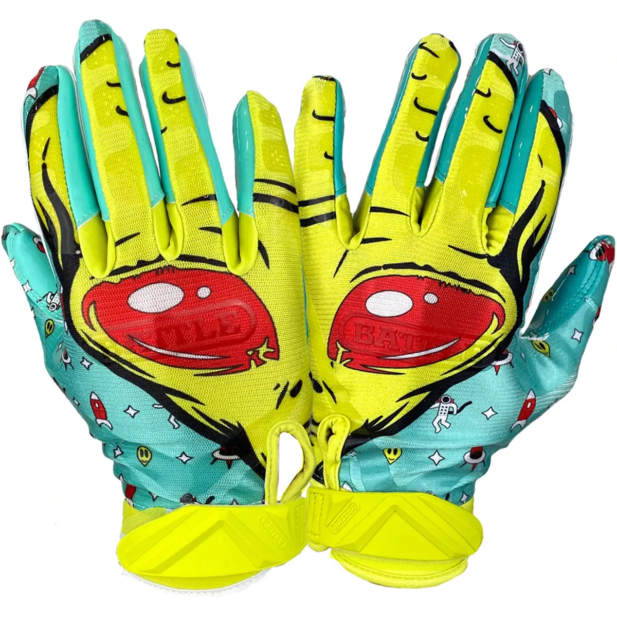 1 Pair Battle Sports Alien Cloaked Adult Football Gloves - Turquoise/Green, Hook & Loop Closure, Limited Edition Design, Meets NFHS-NCAA-NOCSAE Standards