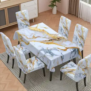 5/7 Pcs 2D Flat White Gold Marble Texture Tablecloth & Chair Cover Set, Stretch Washable Removable Dining Chair Slipcover, Modern Luxury Elegant Home Dining Wedding Banquet Chair Protector Decor, Removable Washable Slipcovers