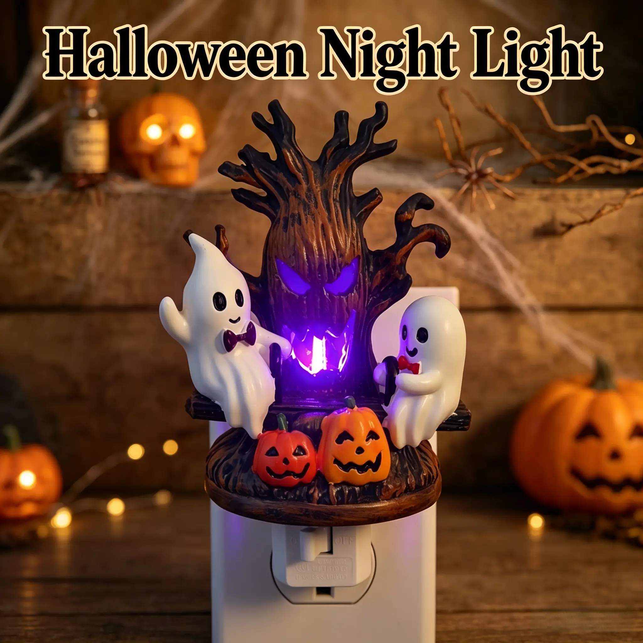 Halloween Spooky Tree Friendly Ghost Pumpkin Plug-in Night Light - Standard US Plug, Easy Setup, Heat-Resistant, Integrated On/Off Manual Toggle Switch, Synthetic Fireplace Wall Lamp, Autumn Room Decor, Holiday Gift
