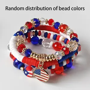 4Pcs Women’s Patriotic Layered Stretch Beaded Bracelet Set, Red White Blue Polymer Clay & Crystal Stackable Bangles with Flag Charms, Casual Boho Jewelry for Summer BBQ, Holiday Parties & Gifts