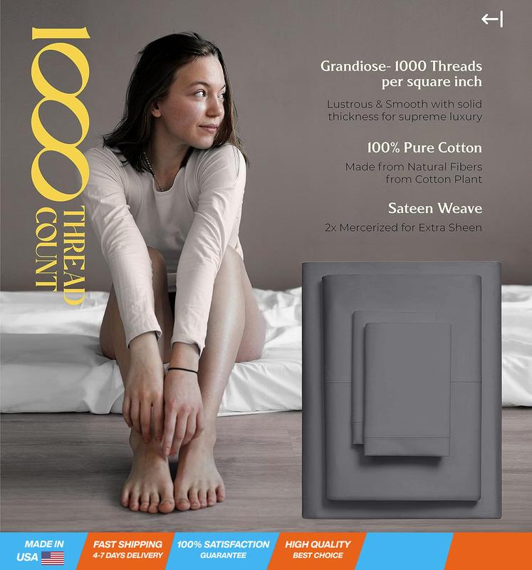 High Thread Count Best Bed Sheets 100% Egyptian Cotton Sheets Set Dark Grey Long-Staple Cotton Queen Sheet for Bed, Fits Mattress Upto 18'' Deep Pocket, Soft & Silky Sateen Weave Sheets