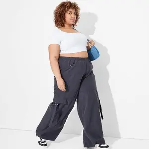 Wild Fable Women's Mid-Rise Wide Leg Cargo Pants - 100% Cotton, Breathable, Relaxed Fit, Full Elastic Waistband, Cargo Pockets, Poplin Fabric, Womenswear Bottoms