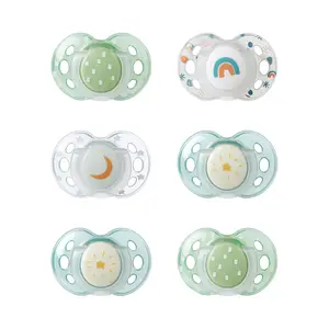 Night Time Pacifier 18-36 Months Symmetrical Silicone Baglet BPA-Free Binkies Glow in The Dark Technology Green Rainbow Pack of 6