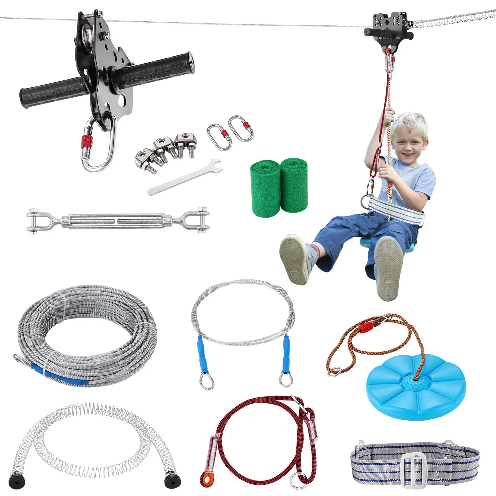 【Summerfinds】VEVOR Zipline Kit for Kids and Adult, 160 ft Zip Line Kits Up to 330 lb, Backyard Outdoor Quick Setup Zipline, Playground Entertainment with Stainless Steel Zipline, Spring Brake, Safety Harness, Seat Carabiner