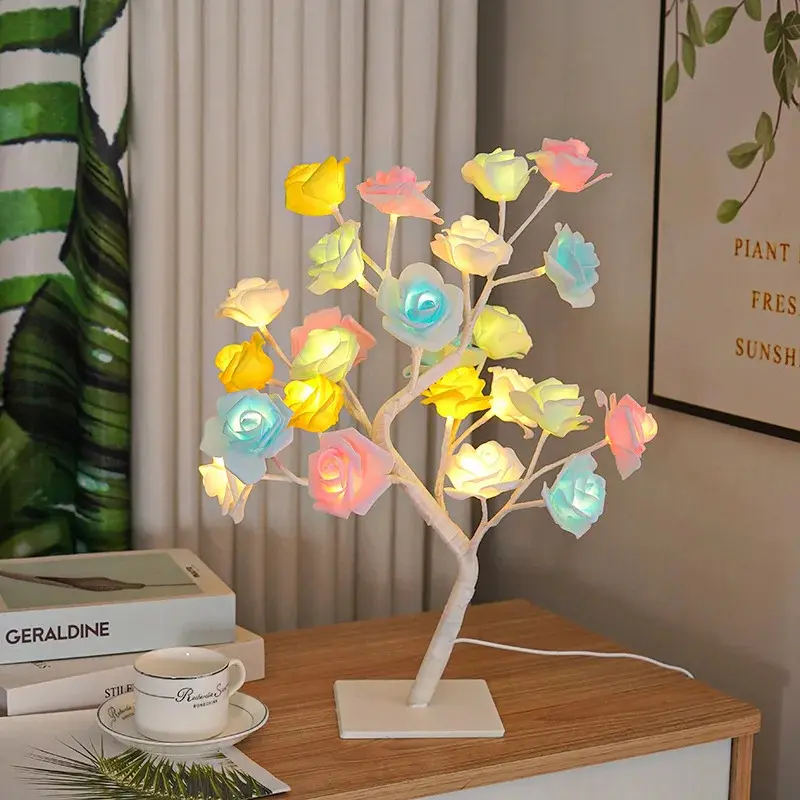 1 x Pink 36LED Rose Tree Table Light, USB/Battery Powered, Adjustable Branches, Energy-Efficient Night Light, Cast Iron Accessory Compatible, Valentine's Day Interior Decoration for Bedroom Dining Tables, Valentines Day
