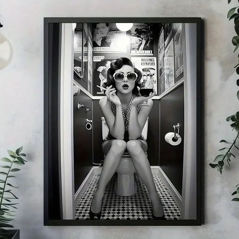 Women's Retro 2D Flat Wood-Framed 16*24in (40*60cm) Toilet Canvas Print Poster - Funny Home Decor, Ideal for Bedroom, Dining Room, Kitchen, Home Supplies Gift