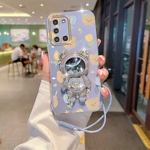 A31 Fashion Series Silicone Rubber Strap Lanyard Phone Holder Case For Compatible With Samsung Galaxy A31 Plating Cover and Durable Tulip Shy Bear Protector Cases