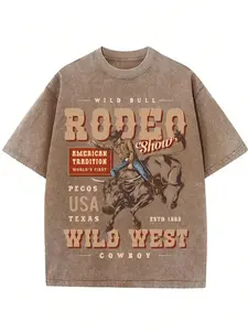 Cowboy's Competitive Competition, Cowboy's Joyful Time, Retro Fashion Casual Cowboy Riding Competition Popular Letter Pattern Printed 230g Washed Cotton T-Shirt, Men's Summer High-Quality Printed Washed Cotton Retro Fashion Loose Casual Purple T-Shirt