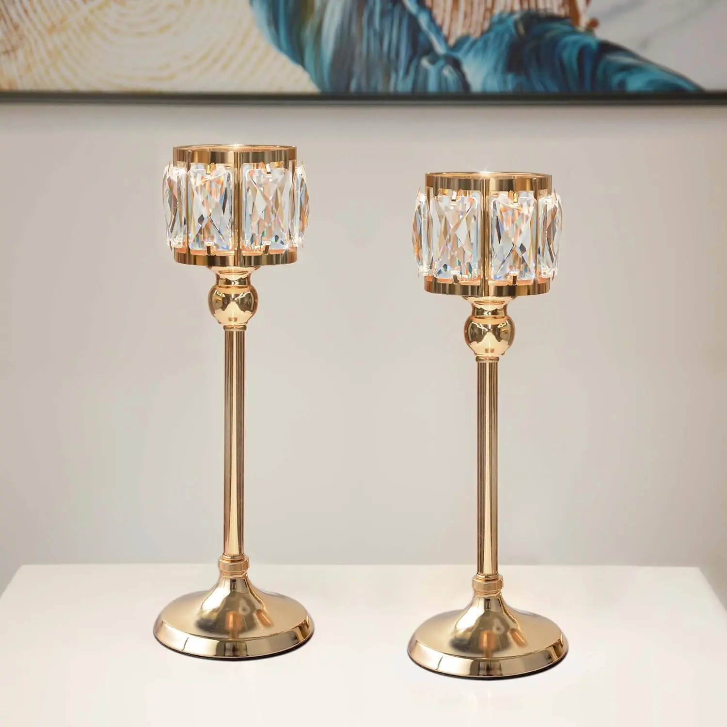 Luxury Look 2-Piece Gold Metal Crystal Bowl Tealight Candelabra Votive Candle Stands - Lightweight, Portable, Waterproof Home Decor Organiser, Wedding Table Centerpieces, Two Pieces