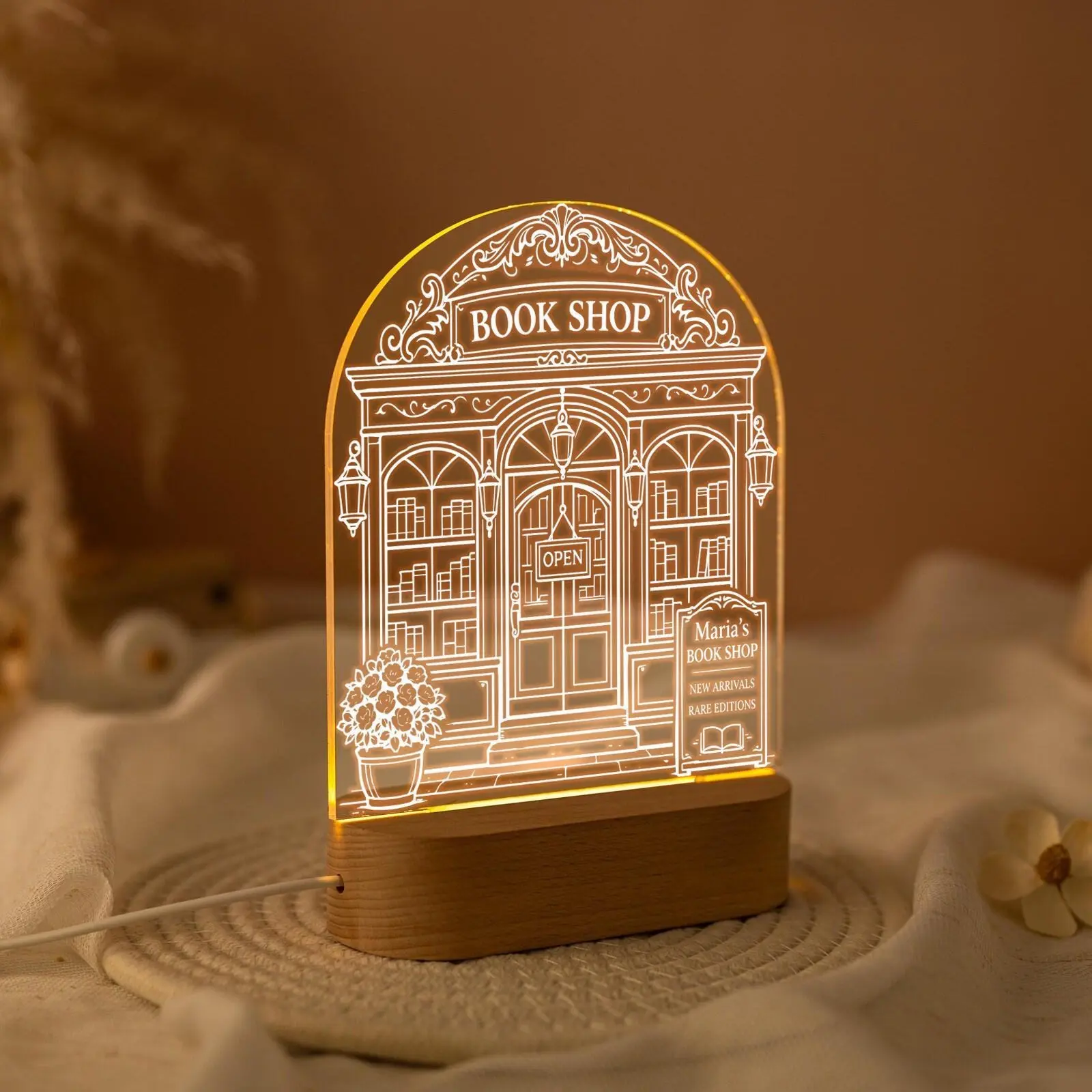 Personalized Acrylic Vintage Bookshop Night Light - Lantern-Form Mini Decorative Lamp, Reading Nook Bookshelf Accent, Best Friend Birthday Gift Ideas