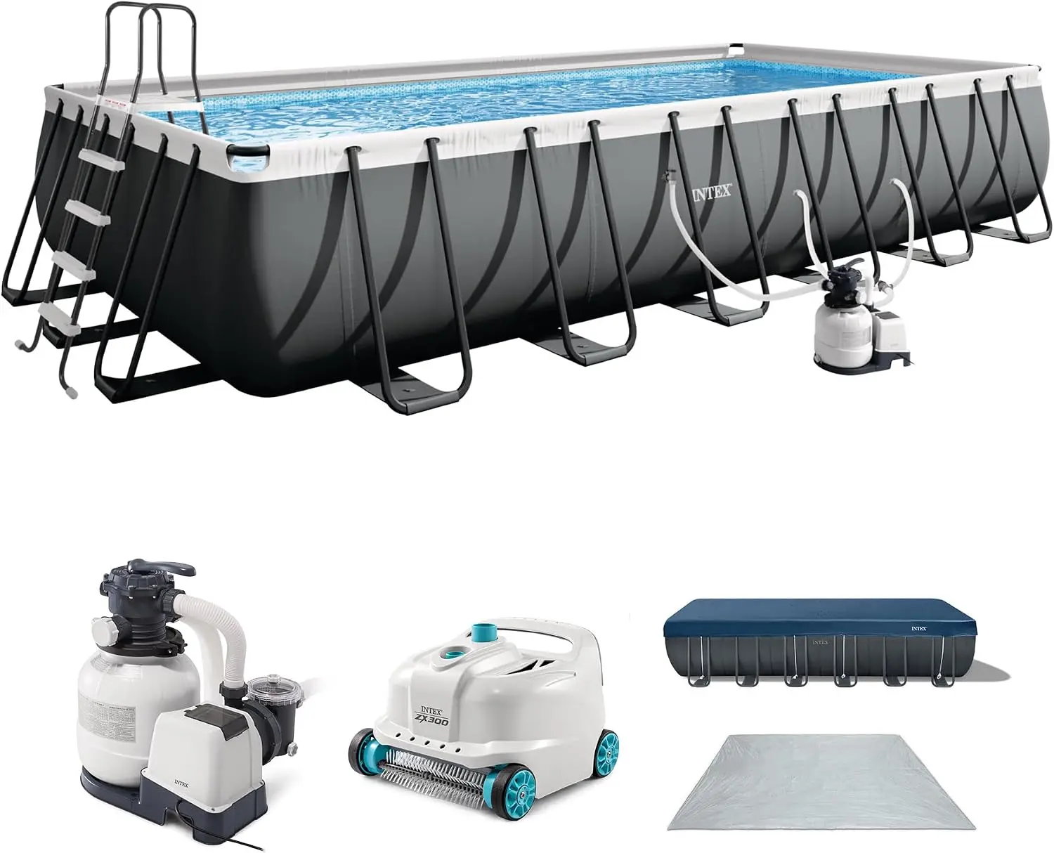 INTEX Ultra XTR 24ft x 12ft x 52in Above Ground Swimming Pool Set Bundle | 26363EH - 2100 GPH Sand Filter Pump, Ladder, Pool Cover & Ground Cloth with Deluxe Automatic Vacuum Cleaner Included