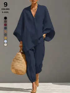 Women's 2-Piece Linen Cotton Set - Minimalist Boho Batwing Sleeve V-Neck Tunic & Harem Pants, Casual Oversized Beach Loungewear