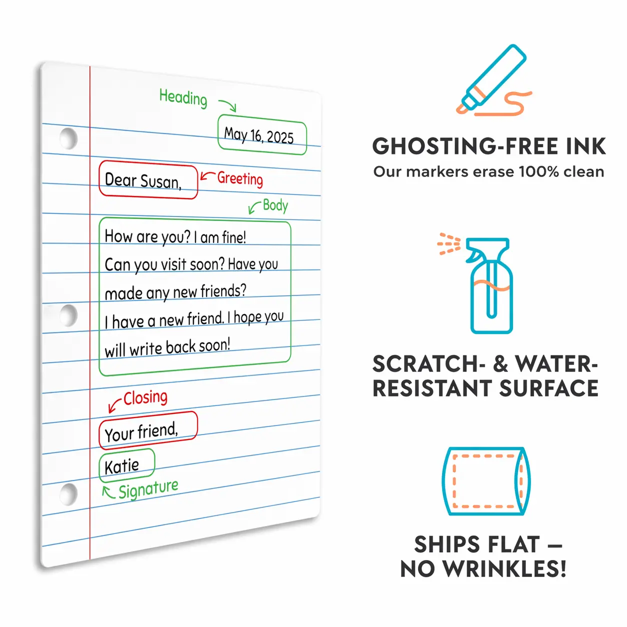 Unisex Kids' Handwriting Practice Dry Erase Board - Reusable Letter Writing Tool, School Supplies, Friendly Letter Format Guide, Homeschool Worksheet, Scratch & Water Resistant Educational Whiteboard