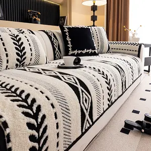 Bohemian Style Embroidered Plush Sofa Cover, Sofa Slipcover, 1 Count Non-Slip Cushion, Fluffy sofa cover, soft polyester fabric, Fits Single Seat to Four-Seat Sofas