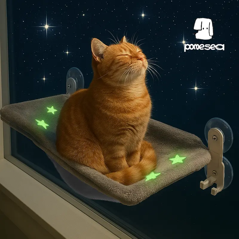 POMESEA Glow in the Dark Polyester Cat Window Perch - Foldable Cordless Geometric Pet Hammock, Sturdy Metal Frame, Removable 23.3"l x 11.4"w x 7.1"h Plastic Sunbathing Seat, Comfortable Sunken Rest for Indoor Cats