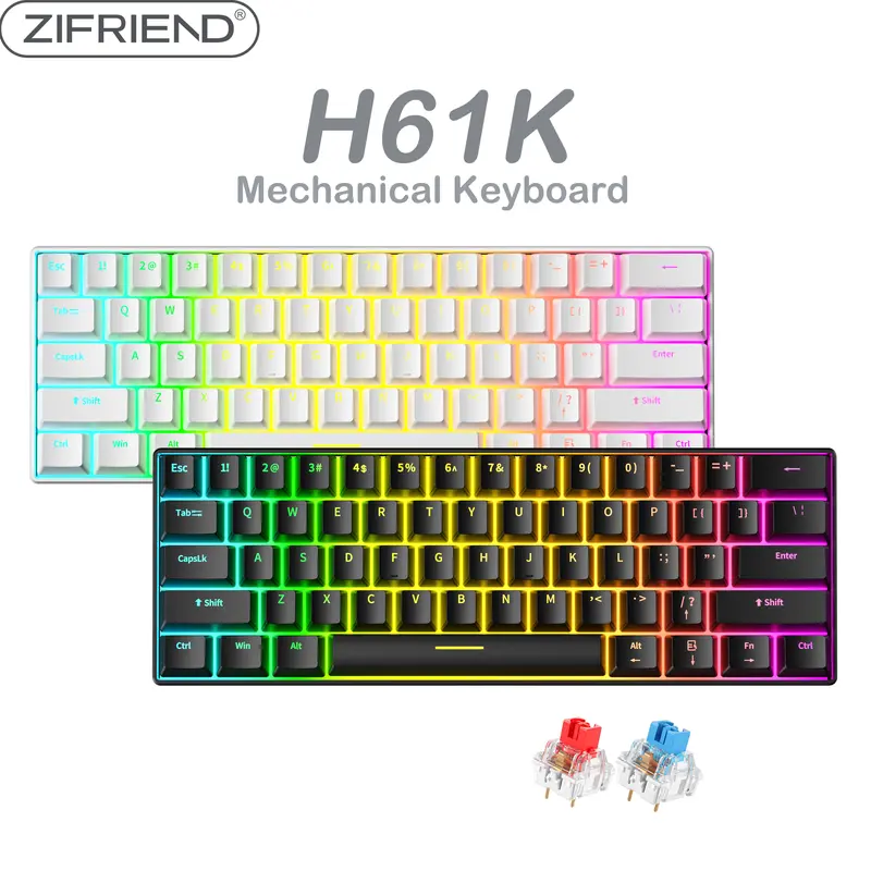 Zifriend x FURYCUBE H61K 60% Wired 61-Key Layout Gaming Keyboard - PC Accessories, Keyboards for Gaming, Hot Swappable Blue Switches, Rainbow Backlit, Ultra-Compact Ergonomic, Customizable for PC, MAC, PS4, Xbox (Black/White) - Budget Setup Gift