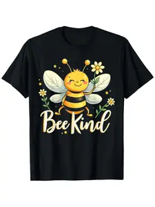 Bee Kind Cute Bee with Flower Kindness T-Shirt Suitable for Unisex Personality Casual Round Neck Outdoor Short-Sleeved T-Shirt Men'S Summer Clothes Mens T Shirt Slightly Elastic 100% Cotton S-XXXL