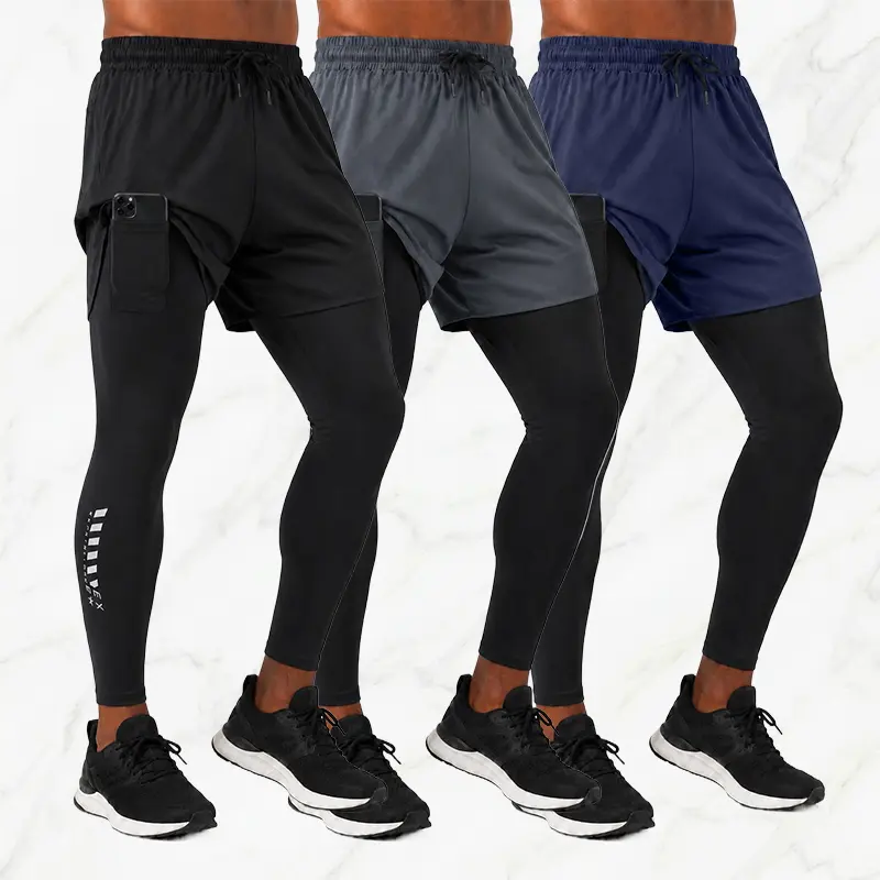 Single unit pack. Fake two-piece sweatpants. Men's solid-color stretchy drawstring breathable athletic compression pants. Professional fitness pants — sweat-wicking, quick-dry athletic pants. Suitable for gym training and outdoor activities.Summervibes