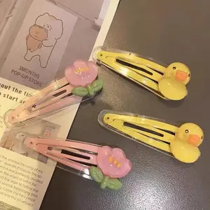 2pcs Cartoon Hair Clips for Girls, Cute-Shaped Kawaii Transparent Yellow Duckling Clips, Floral-Shaped Tulip Flower BB Hairpins, Side Bangs Fashion Hair Accessories, Clip Hair Clips