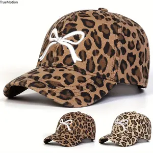 Unisex Leopard Print Baseball Cap with Bow Embroidery, Adjustable Sunscreen Casual Hat for Outdoor Travel Beach Vacation