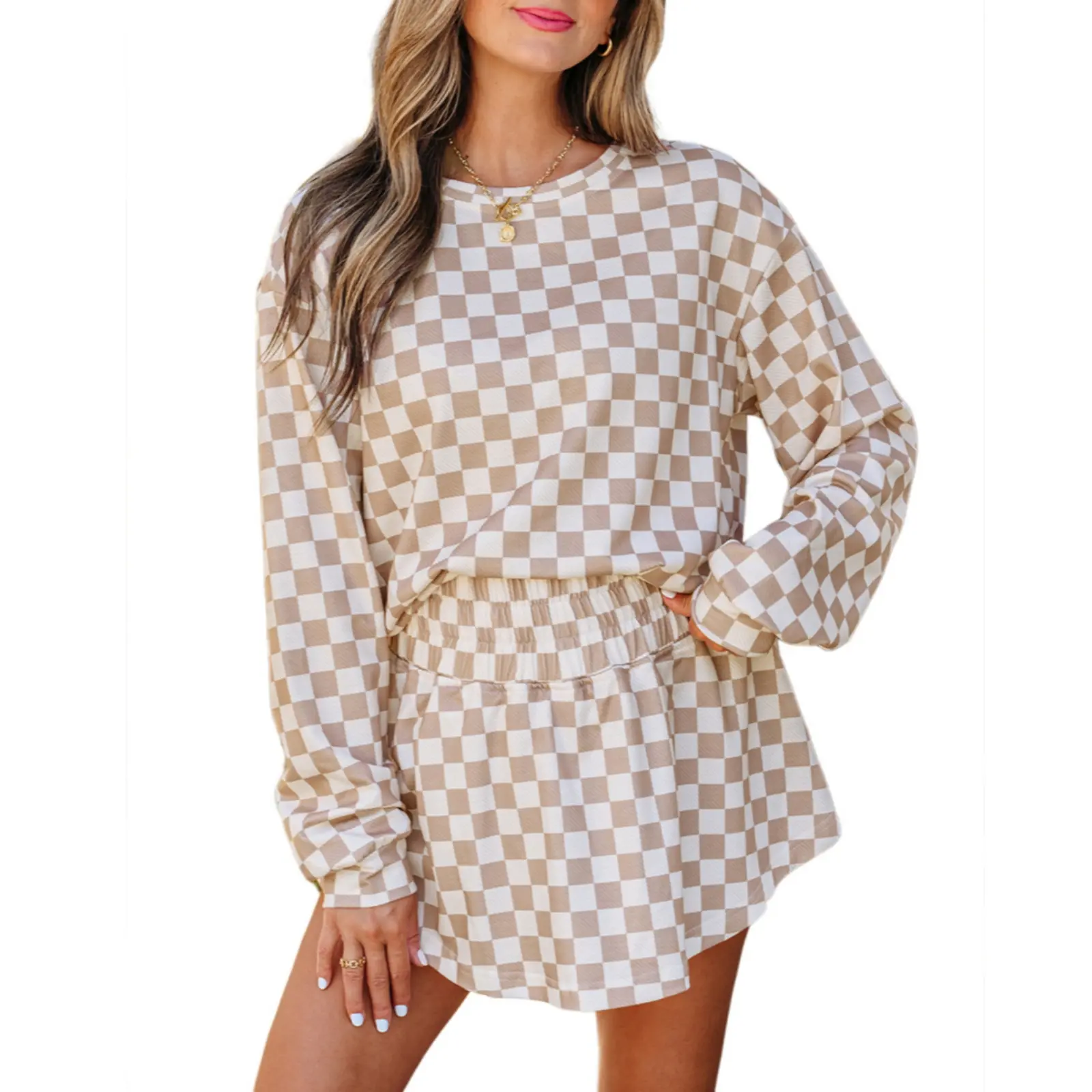 Asvivid Women's Casual Checkerboard 2-Piece Fall Outfit, Long Sleeve Crop Top Shirt and High-Waist Skorts