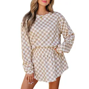 Asvivid Women's 2-Piece Casual Outfit, Checkerboard Crop Top T-Shirt & High-Waist Skorts, Fall Fashion Womenswear Set