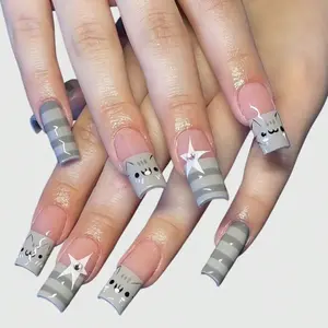 Y2K Millennial Punk Star Kawaii Sweet Cat Face Retro Polka Dot Striped Pop Art Nails, Handmade Japanese Original Hostess Style, Nail Art Design