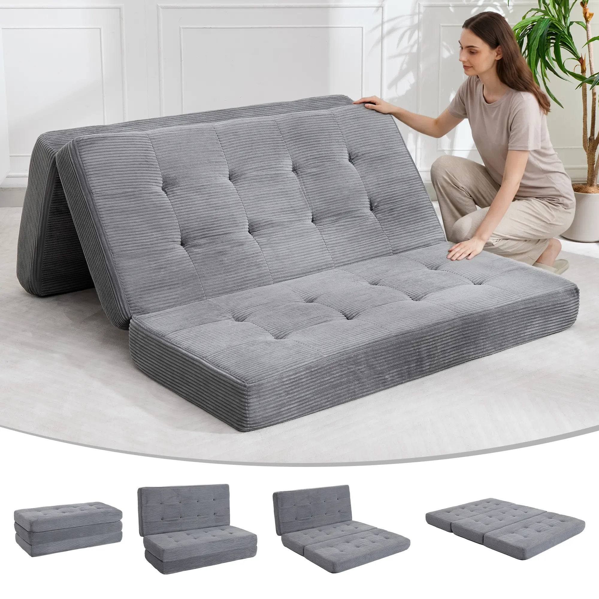 6" Tri-Fold Mattress Full Size, Tufted Folding Corduroy with Chenille Fabric, Portable Floor Guest Mat for Adults, Foldable Sleeping Pad for Camping, Guest, Toddler