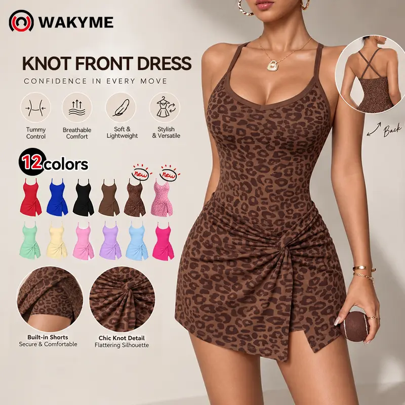 WAKYME Women's Ribbed Cross Back Seamless Knitted Tummy Control Dress - Knot Front, Asymmetrical Hem, Breathable Tennis Athletic Dress, Cold Wash, Leopard, Cheetah, Solid Colors,sohochic